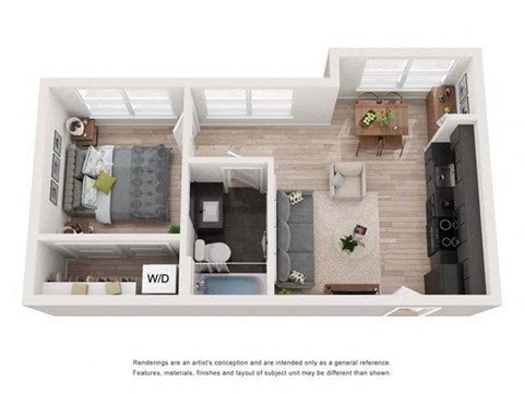 Floor plan for 1 bed, 1 bath, 594 sqft
